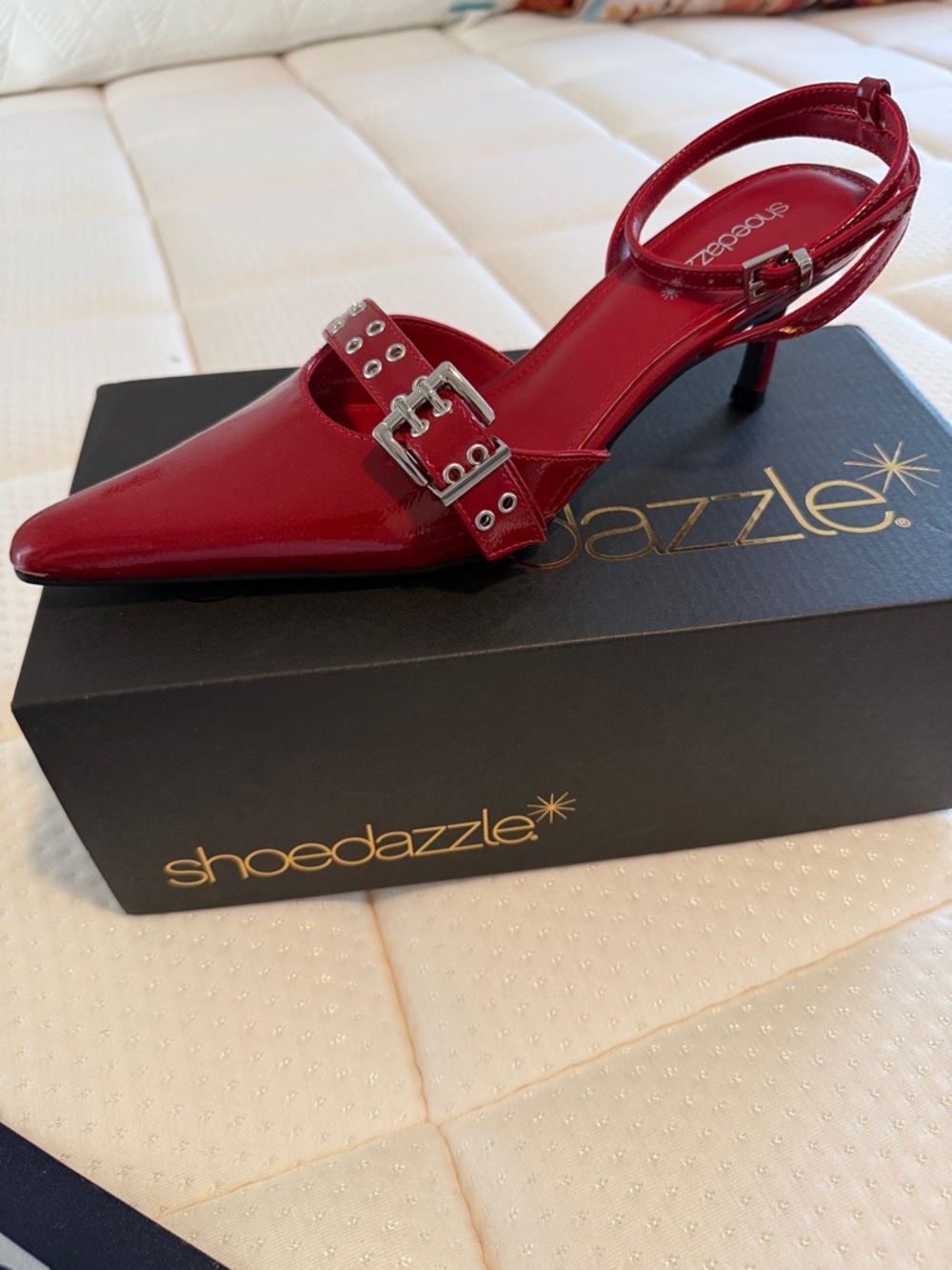 Shoe Dazzle Red Patent Pointed-Toe Slingback Heel with Buckle